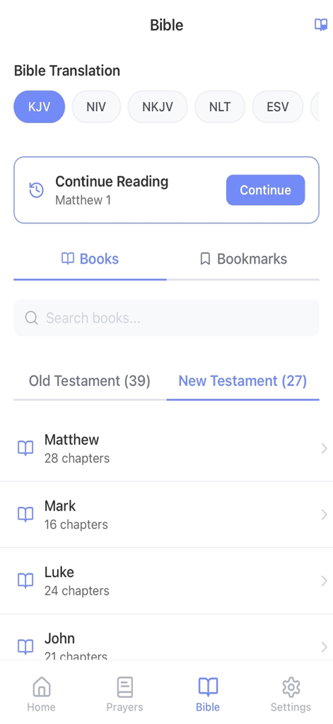 My Prayer Journal & Bible App - Bible app screen showing translation options and New Testament books list