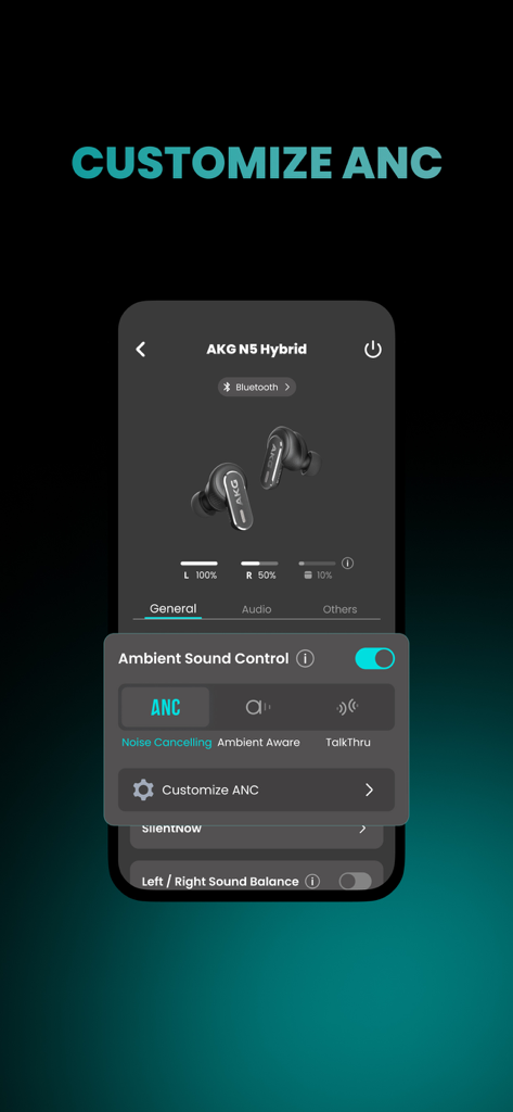 Customize active noise cancelling settings on the AKG Headphones app.