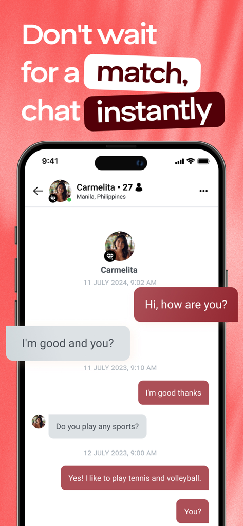 FilipinoCupid: Filipino Dating - FilipinoCupid App-Oberfläche zeigt ein Sofort-Chat-Gespräch zwischen Benutzern