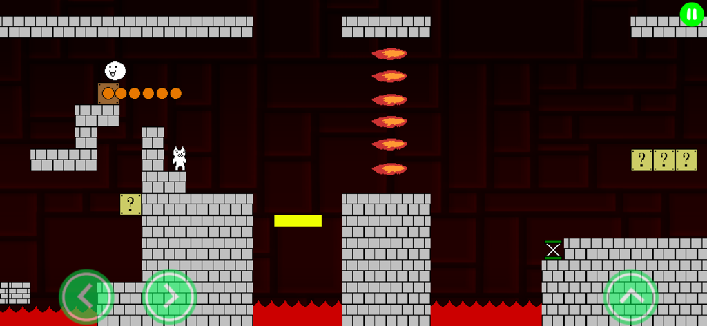 A white cat character navigating a difficult platformer level with fire traps and lava in Syobon Action HD.