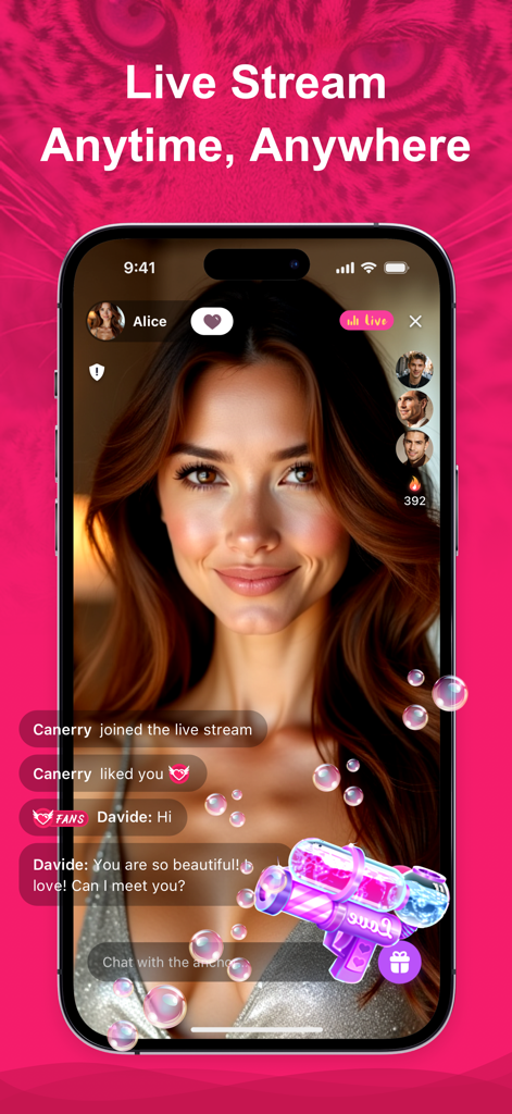 Whip: Cougar Dating, Live Chat - Interfaz de la aplicación de citas Whip mostrando a una mujer transmitiendo en vivo con chat en tiempo real y regalos virtuales.