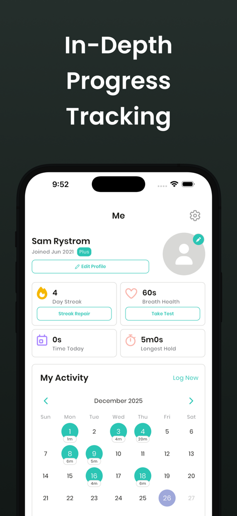 Breathwork by One Deep Breath - User profile dashboard showing in-depth progress tracking with activity streaks and monthly breathwork history.