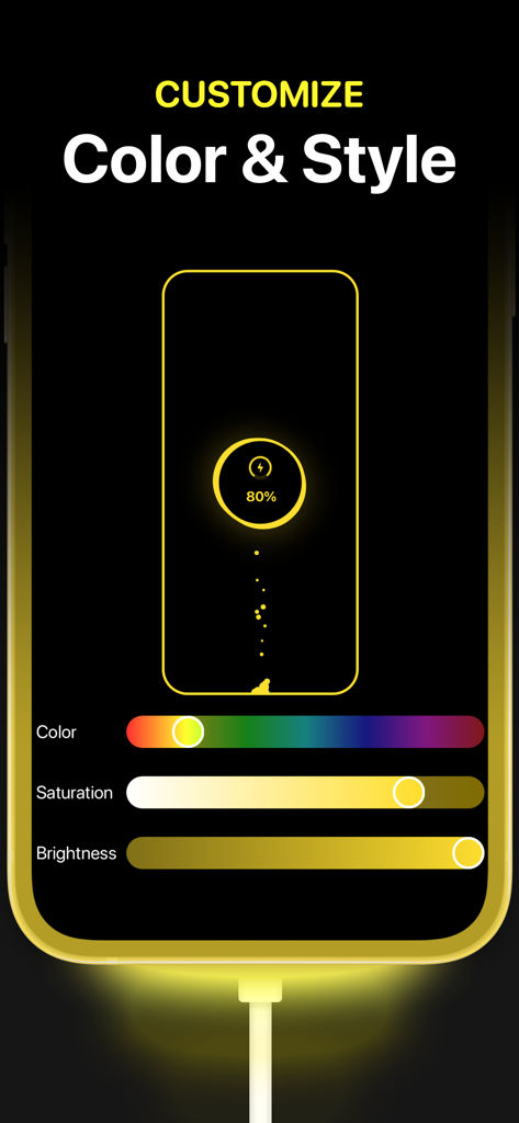 Charger - Charging Play - Interface of Charger Charging Play app showing color saturation and brightness sliders to customize charging animations