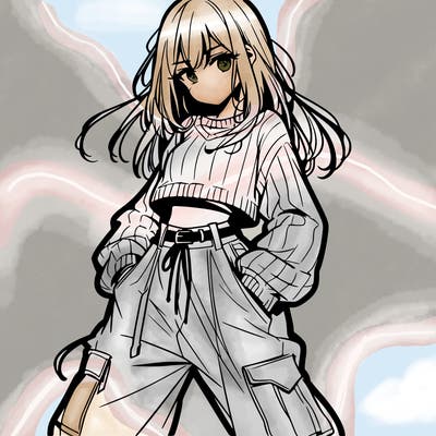 anime teen girl with baggy pants and crop top with sweater