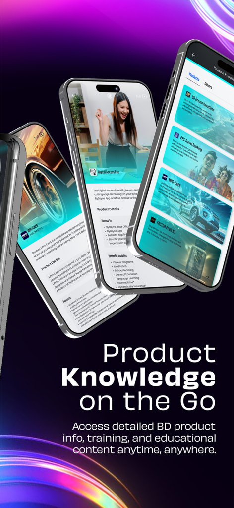 ByDzyne - A showcase of ByDzyne app screens displaying product information and educational content for business partners.