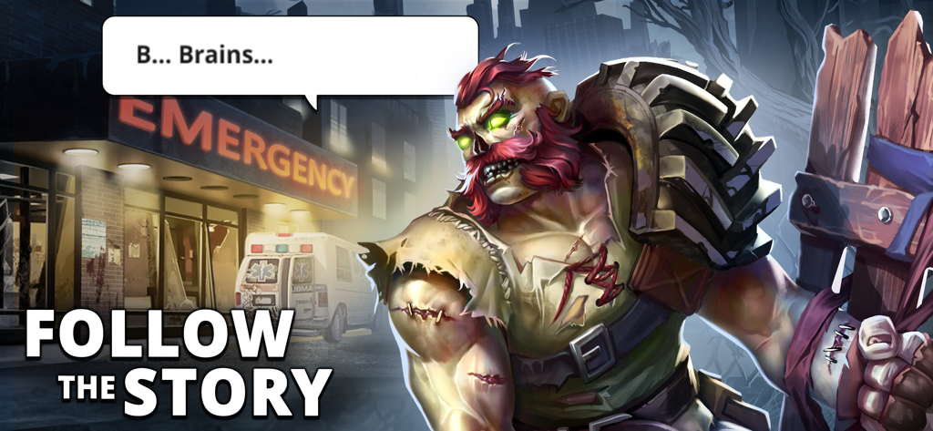 Puzzle Combat: RPG Match 3 - Un personaje zombi musculoso de cabello rojo frente a un edificio de hospital de emergencia con el texto "follow the story"