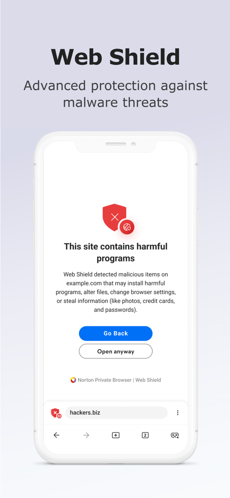 Norton Private Browser Web Shield bloqueando um site prejudicial