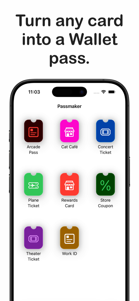 iPhone screen displaying various digital pass options like concert tickets and rewards cards in the Passmaker app.