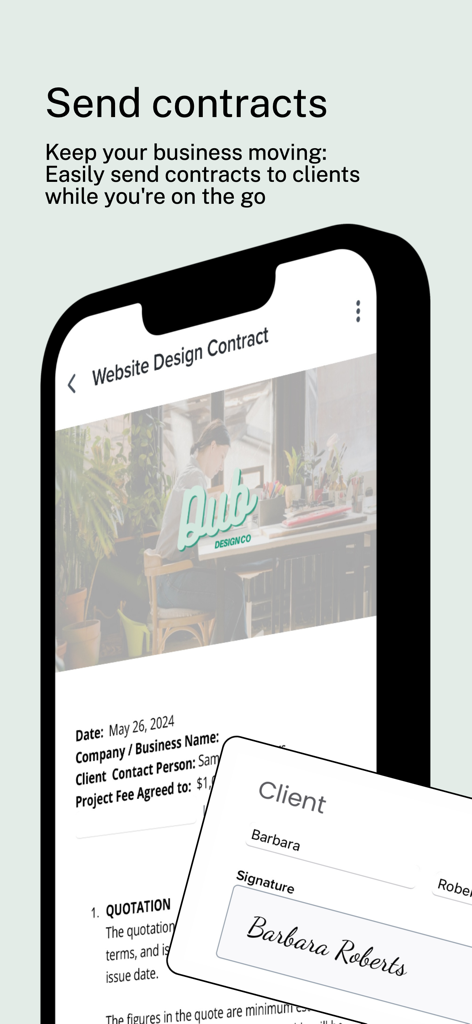 Dubsado - Dubsado mobile app interface displaying a contract with a digital signature option