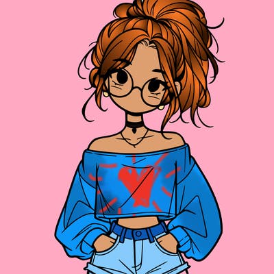 girl with a messy ponytail glasses a baggy crop top and jean shorts