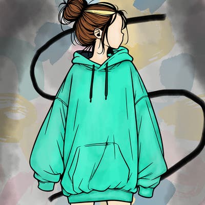 realistic girl with a oversized sweatshirt on and a bun