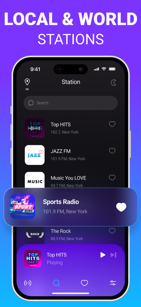 Radio FM & AM: All Stations - 검색창이 있는 FM 및 AM 방송국 목록을 표시하는 라디오 앱 인터페이스