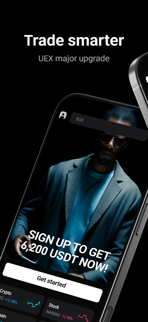 Bitget mobile app interface promoting trade smarter with sign up bonus and crypto stock data