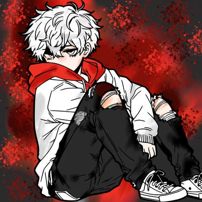 a male hoddie ripped jeans messy hair anime