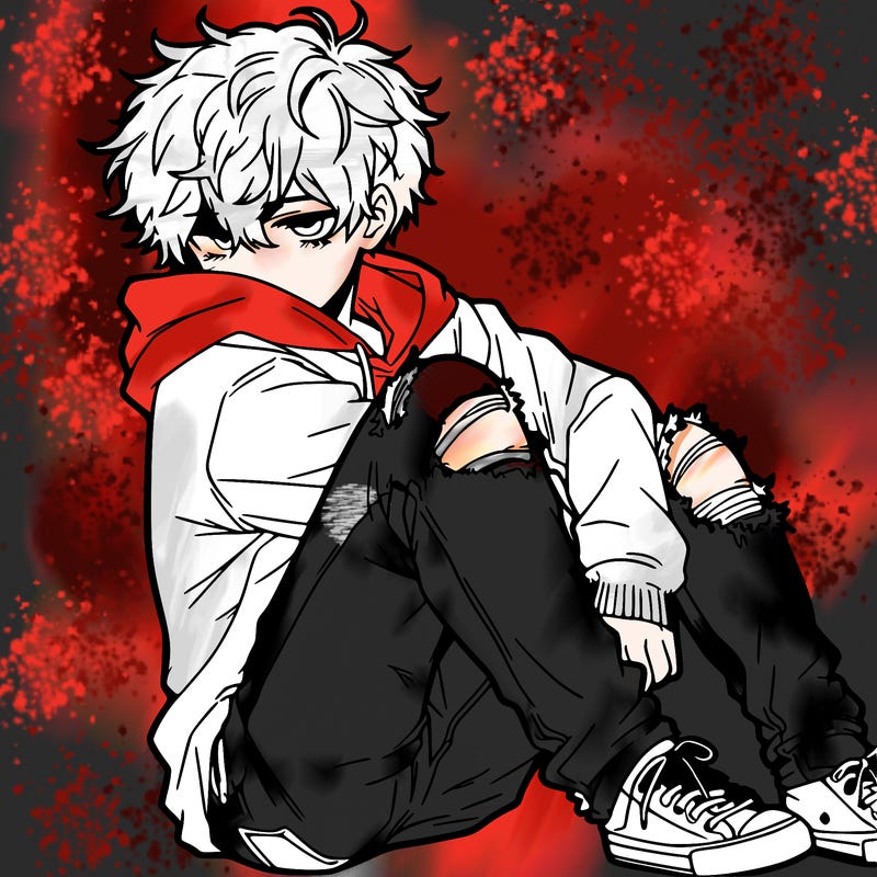 a male hoddie ripped jeans messy hair anime