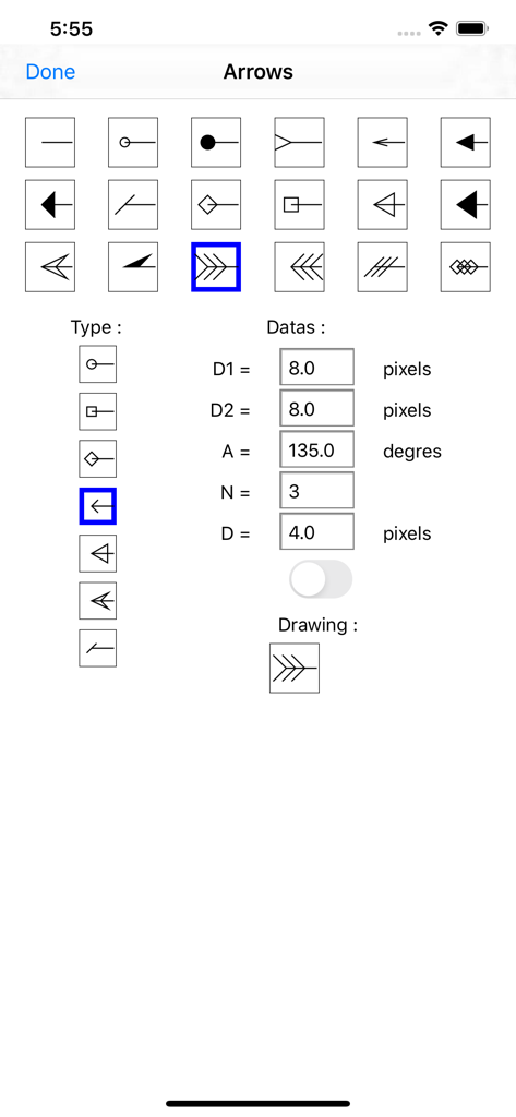 iPocket Draw Lite - Un menú técnico para personalizar tipos y dimensiones de flechas en la aplicación CAD iPocket Draw Lite