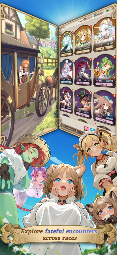 Tela do jogo mobile Isekai Slow Life mostrando vários personagens femininos de anime e o menu de gerenciamento de família