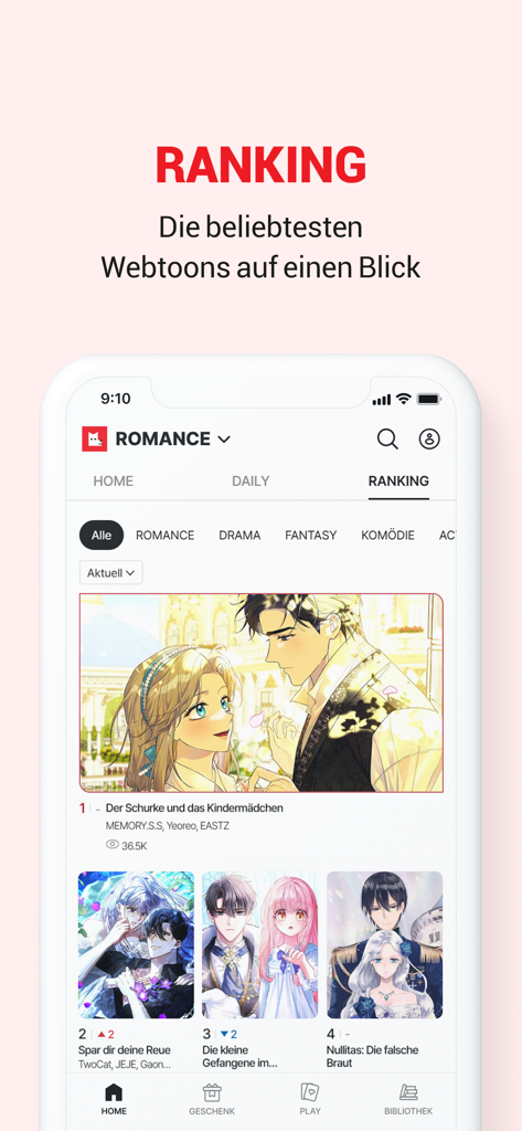La pantalla de clasificación de la app LEZHIN DE mostrando webtoons populares en español en categorías como Romance y Drama