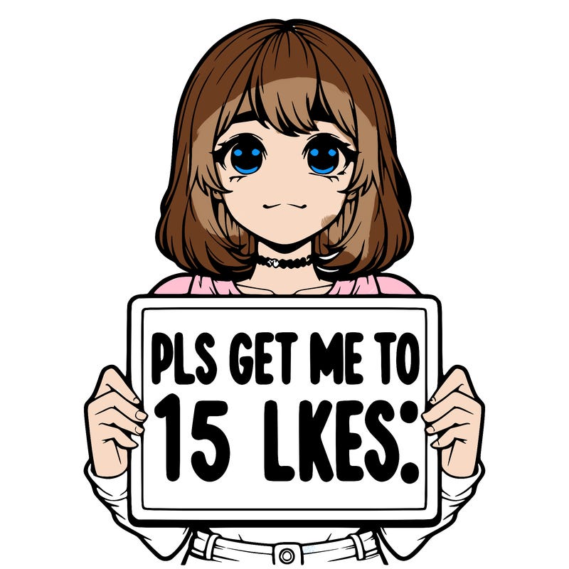 realistic girl holding up a sign that says “pls get me to 15 likes!”
