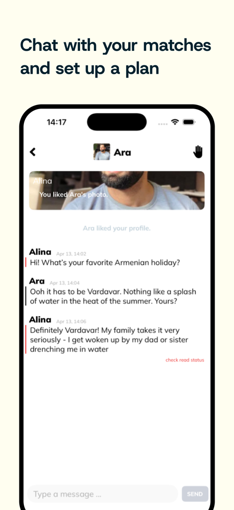 A chat screen from the Kyank Armenian dating app showing two users discussing their favorite Armenian holiday.