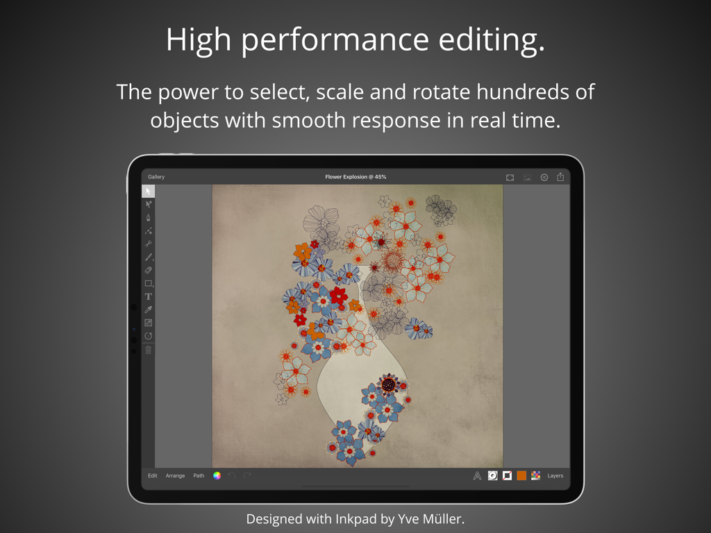 L'app di design grafico Inkpad su iPad mostra un'illustrazione vettoriale di un fiore con strumenti di editing