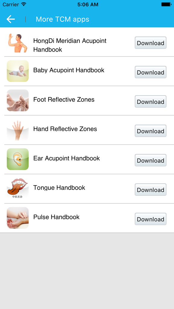 Tongue diagnosis handbook - A list of Traditional Chinese Medicine apps including manuals for acupoints, reflexology zones, tongue, and pulse diagnosis.