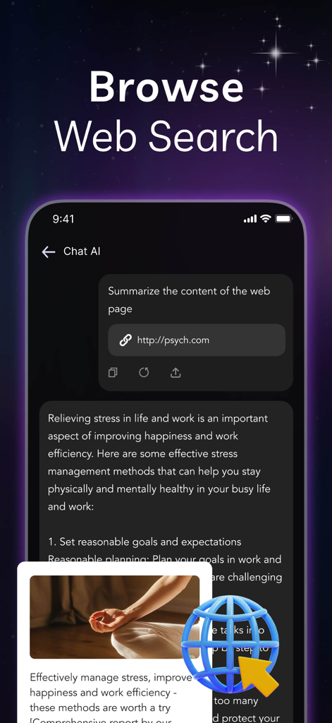 Cloud AI - AI Chat Assistant - Interfaz de la aplicación Cloud AI mostrando un resumen de una página web sobre manejo del estrés