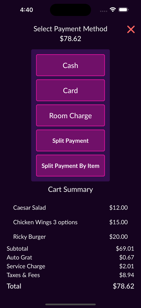Beachy F&B - Interface do aplicativo Beachy F&B mostrando opções de método de pagamento e resumo do carrinho