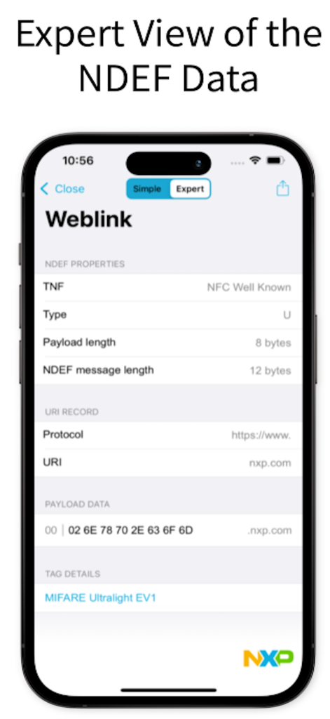 NFC TagInfo app expert view showing detailed NDEF properties and URI record for a scanned tag