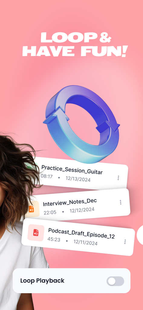 Reverse Singing Audio Play - Interface showing the loop playback feature and a list of audio recordings in the Reverse Play app
