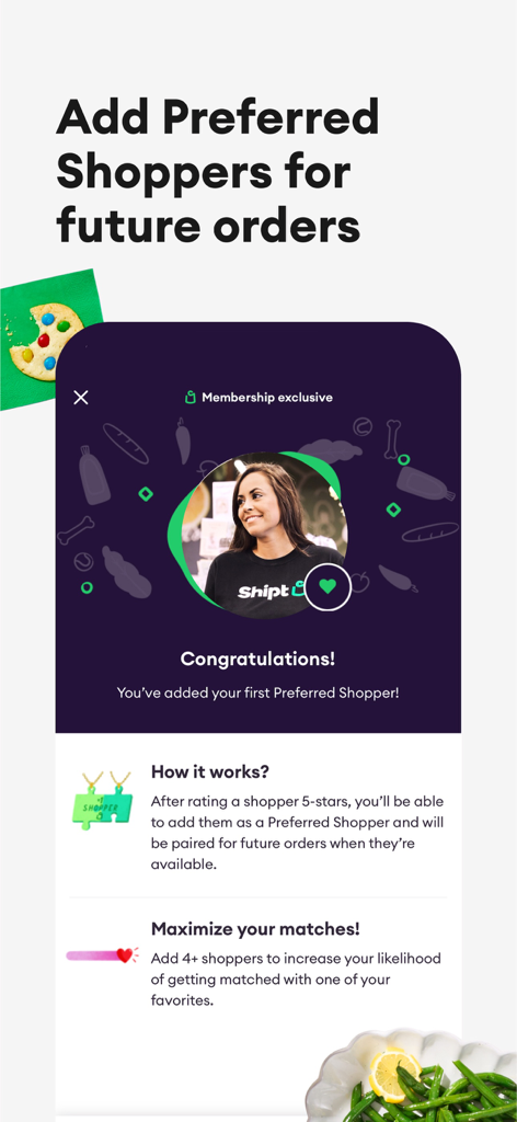 Shipt: Order Grocery Delivery - Una pantalla móvil que muestra la función de la aplicación Shipt para agregar compradores preferidos para la entrega de comestibles