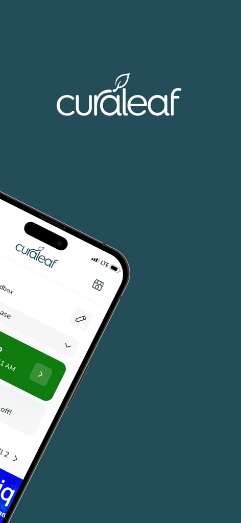 A smartphone displaying the Curaleaf plus mobile app interface on a green background.