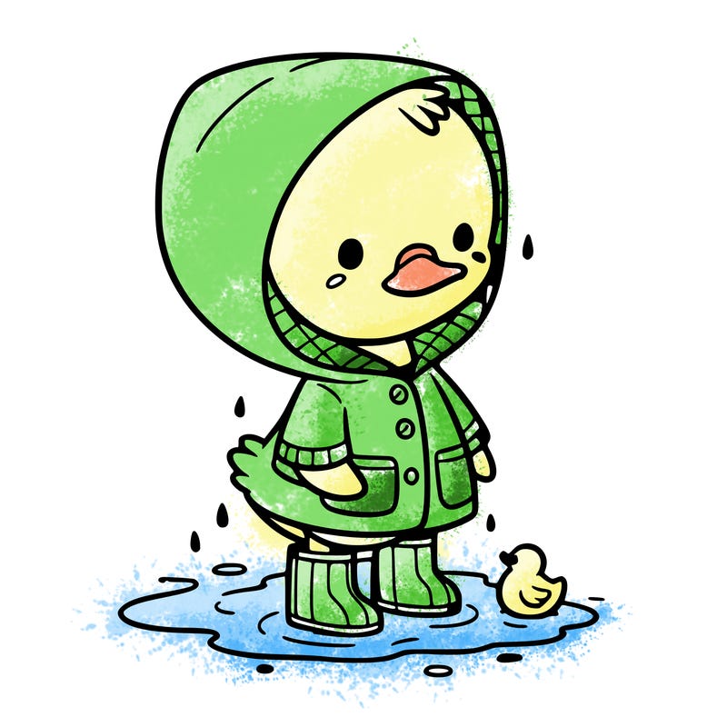 baby duck in a rain coat and boots, in a puddle while it’s raining
