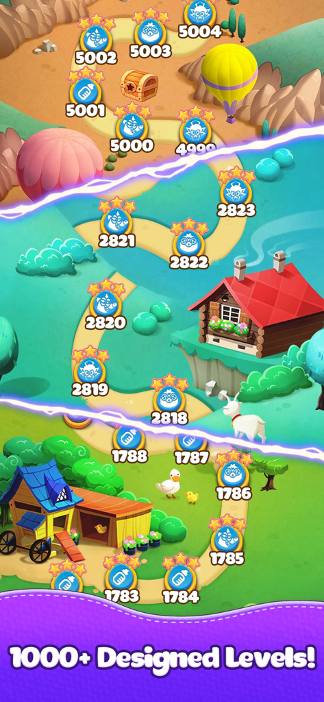 Bubble CoCo game map displaying progress through thousands of colorful levels across a farm and mountain landscape.