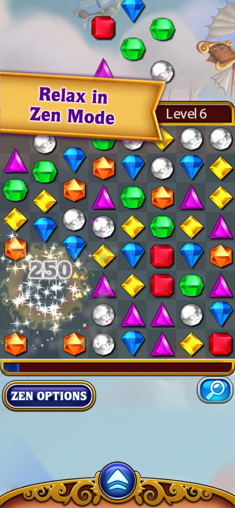 Una captura de pantalla del juego Bejeweled Classic con la relajante jugabilidad de combinar gemas en el modo Zen