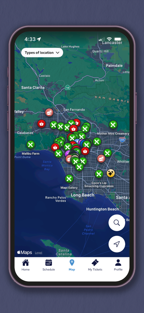 NBA Events - Interactive map in the NBA Events app showing various pins for dining and shopping locations around Los Angeles
