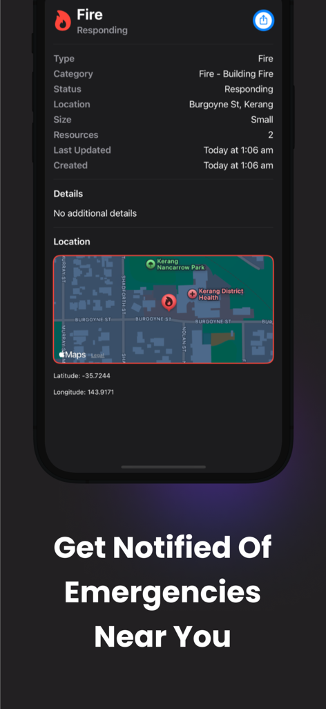 NSW Emergency: Incident Alerts - Captura de pantalla de la aplicación NSW Emergency que muestra los detalles de un incidente de incendio, incluida la ubicación en el mapa y el estado de respuesta.