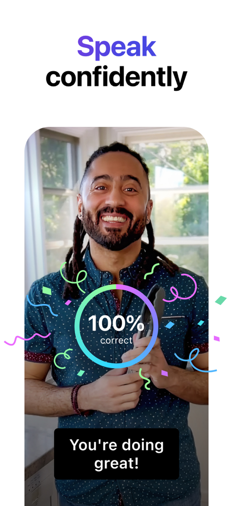 Lola Speak: English Practice - A smiling man receiving 100 percent correct pronunciation feedback on the Lola Speak English practice app