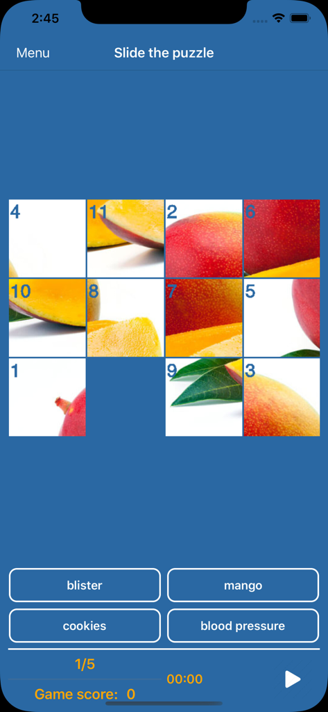 Brain and memory training Pro - Application Brain and memory training Pro montrant un jeu de puzzle coulissant avec une image de mangue.