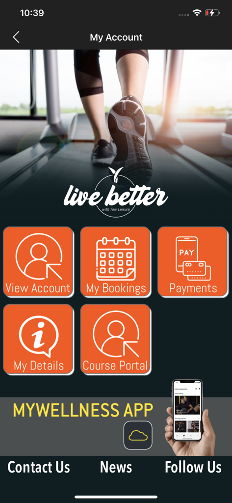 Live Better - Live Better app main account dashboard showing navigation buttons for bookings payments and course portal