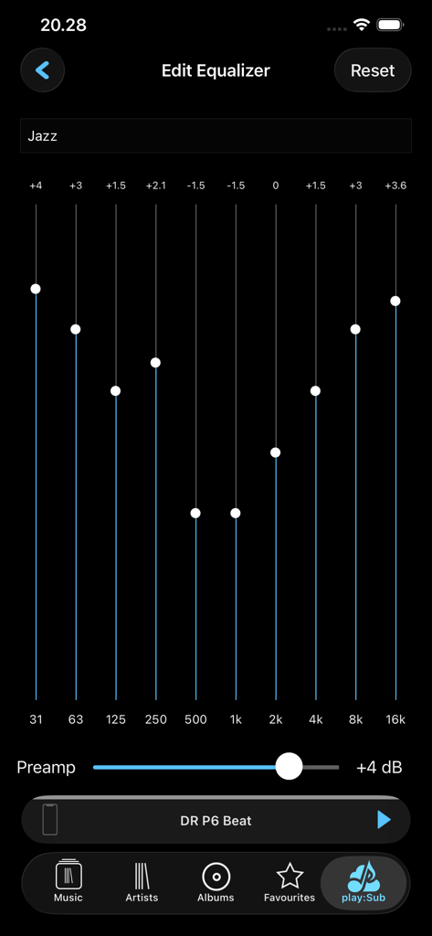 Interfaz de la aplicación play:Sub que muestra un ecualizador personalizable de 10 bandas con ajuste preestablecido de Jazz y control deslizante de preamplificador.