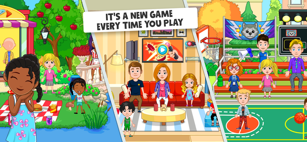 My Town World: Doll House Life - A collage of three gameplay scenes from My Town World showing a picnic a family in a living room and a basketball game