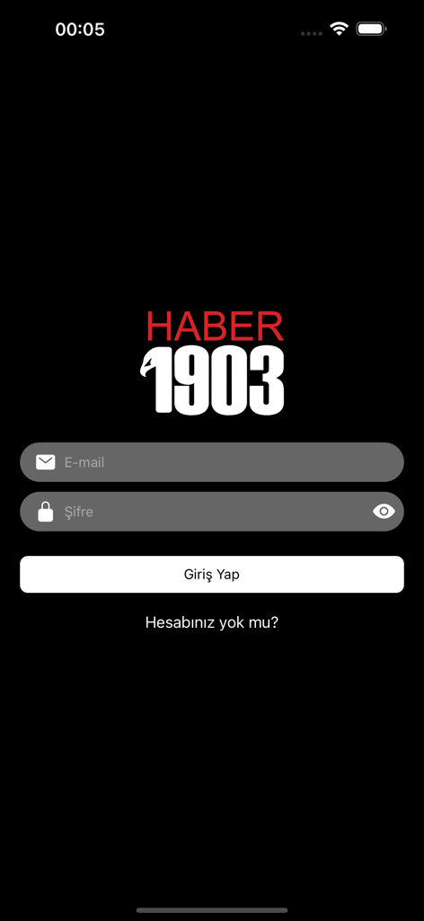 어두운 배경에 이메일 및 비밀번호 필드가 있는 Haber1903 VIP 모바일 앱 로그인 페이지