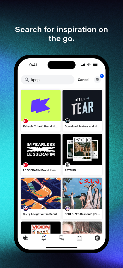 Behance – Creative Portfolios - Behance mobile app interface showing a grid of creative inspiration projects from a search