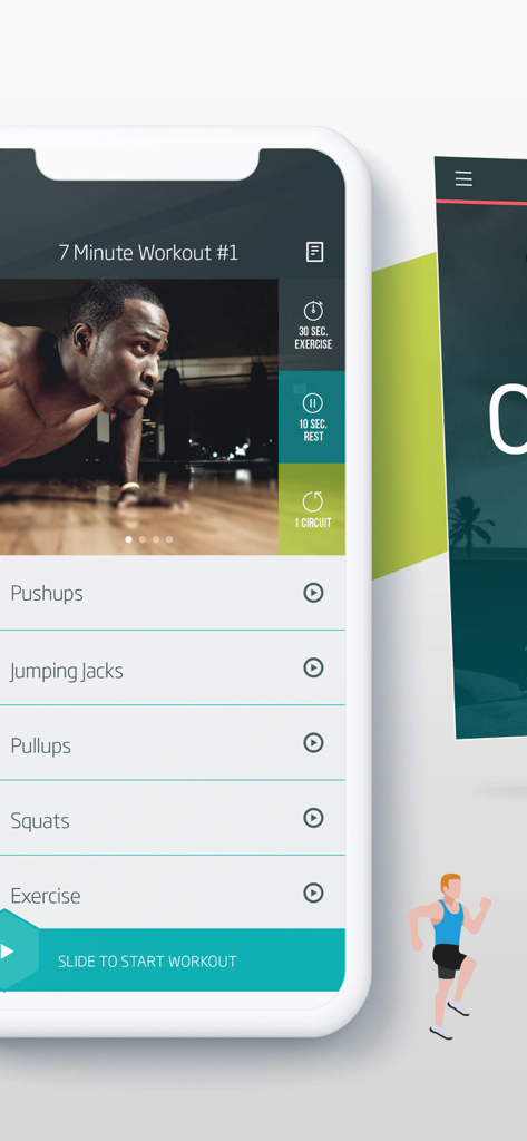 7 Minute Workout by C25K® - Un smartphone mostrando la interfaz de la aplicación 7 Minute Workout con una lista de ejercicios que incluye flexiones y saltos de tijera.