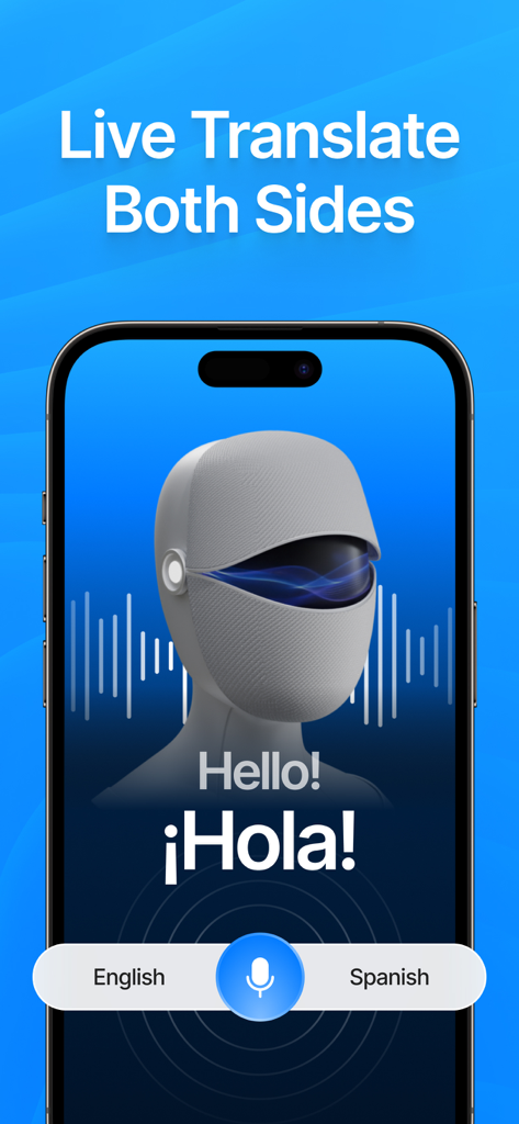 Schermata dell'app Traduttore AI che mostra la traduzione vocale live tra inglese e spagnolo con un'icona AI futuristica.