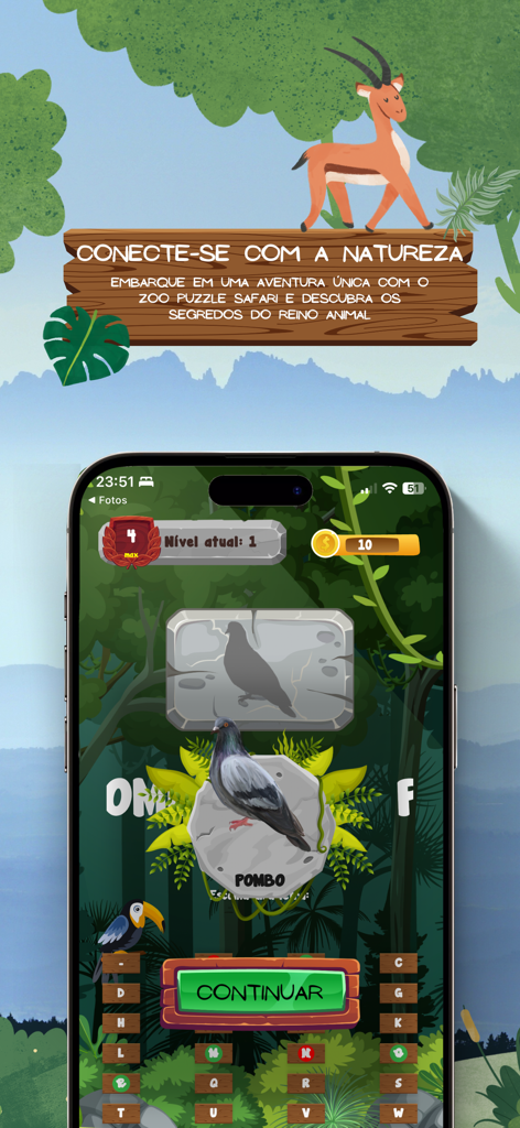 Caça Palavra Animais - Tela mobile do Zoo Puzzle Safari mostrando um quebra-cabeça de pombo em um cenário de floresta