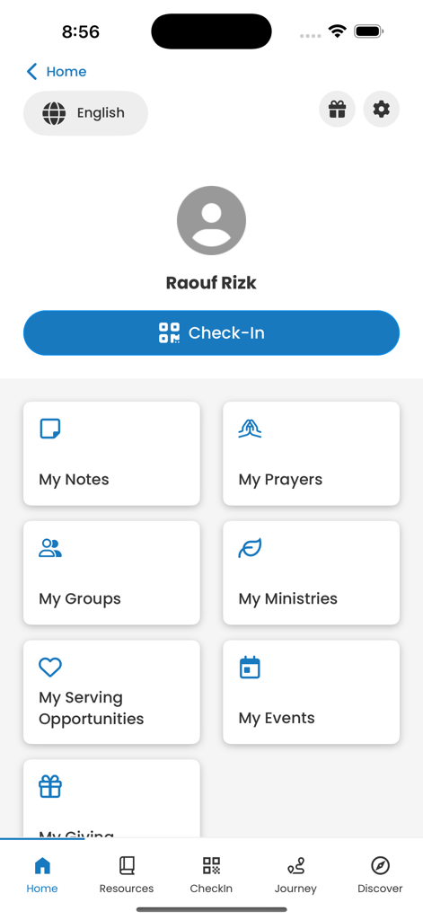 Saddleback App - Saddleback App user profile dashboard featuring personalized tiles for my notes, prayers, groups, ministries, serving opportunities, and events.