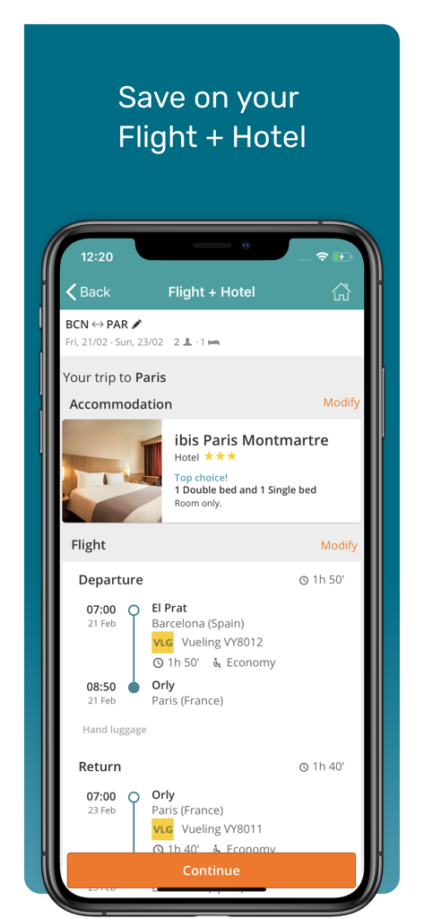 Travellink mobile app screenshot showing a combined flight and hotel booking for a trip to Paris with integrated Vueling flights and ibis hotel reservation