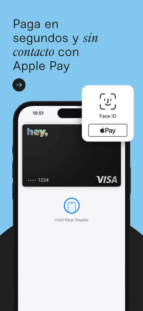 Interface da aplicação Hey Banco mostrando pagamento sem contacto com Apple Pay e autenticação por Face ID